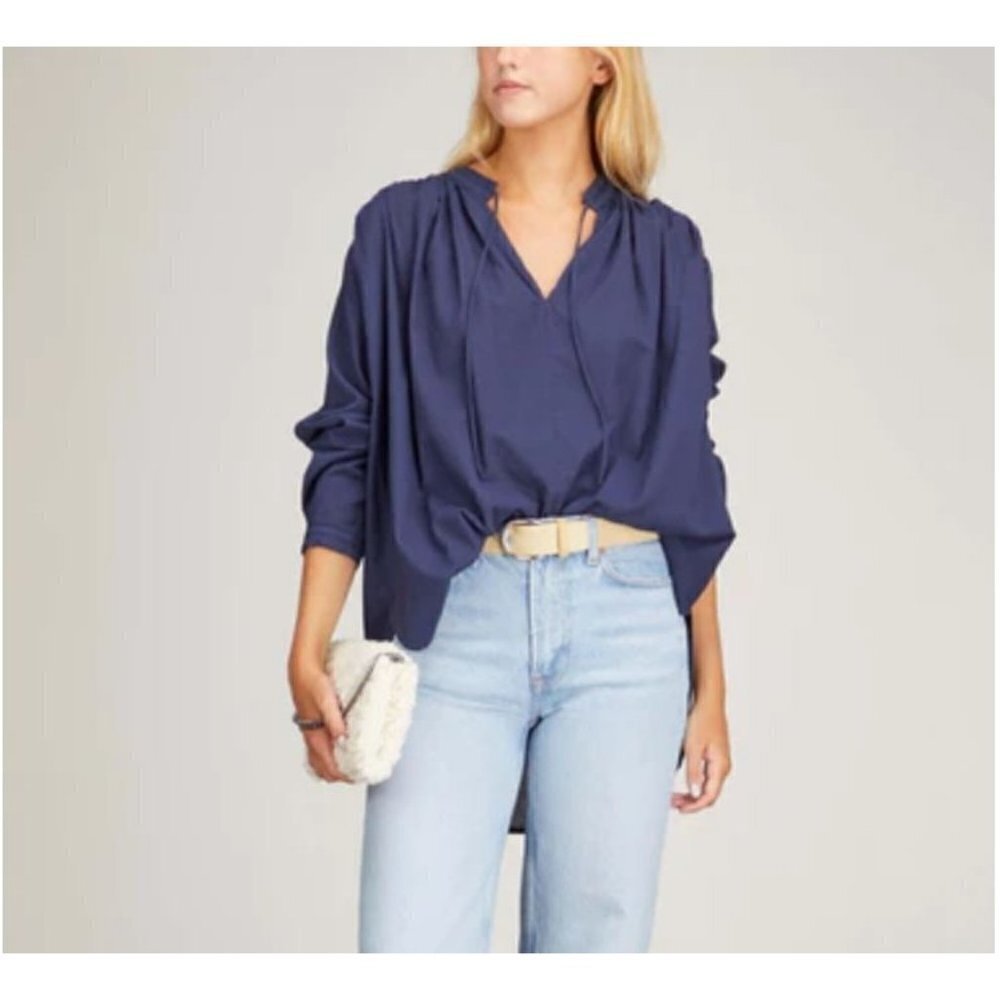 Xirena Ameli Keyhole Tie Neck Long Sleeve Hi-Low Blouse Navy Blue M